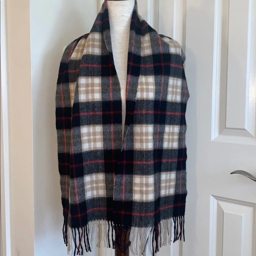 Amicale Cashmere Tartan Fringe Scarf - Blue, Red & Cream